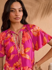 Love & Roses Pink Tropical Sequin V-Neck blouse - Image 4 of 4