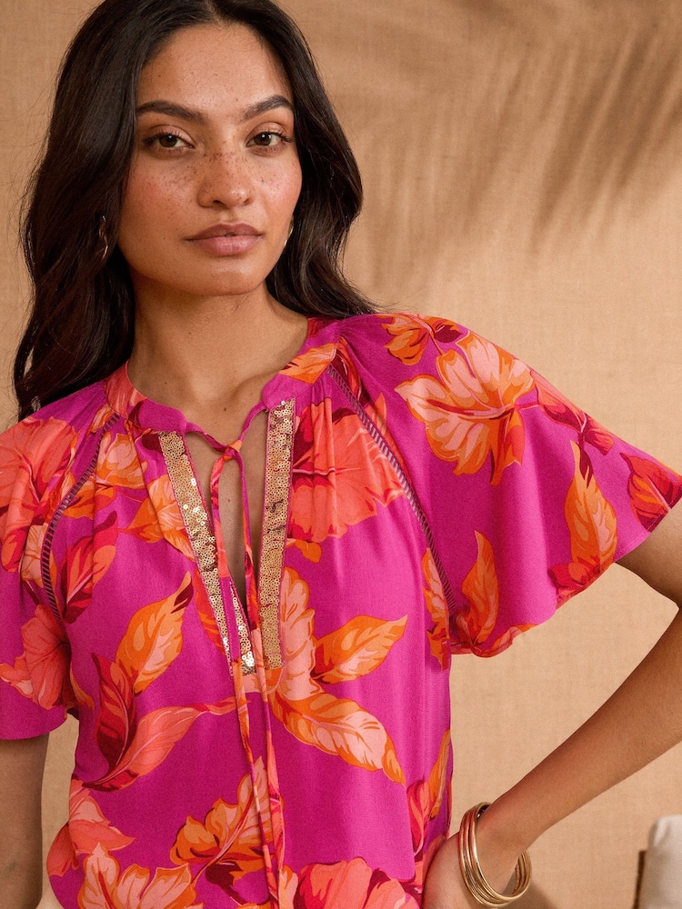 Love & Roses Pink Tropical Sequin V-Neck blouse - Image 4 of 4
