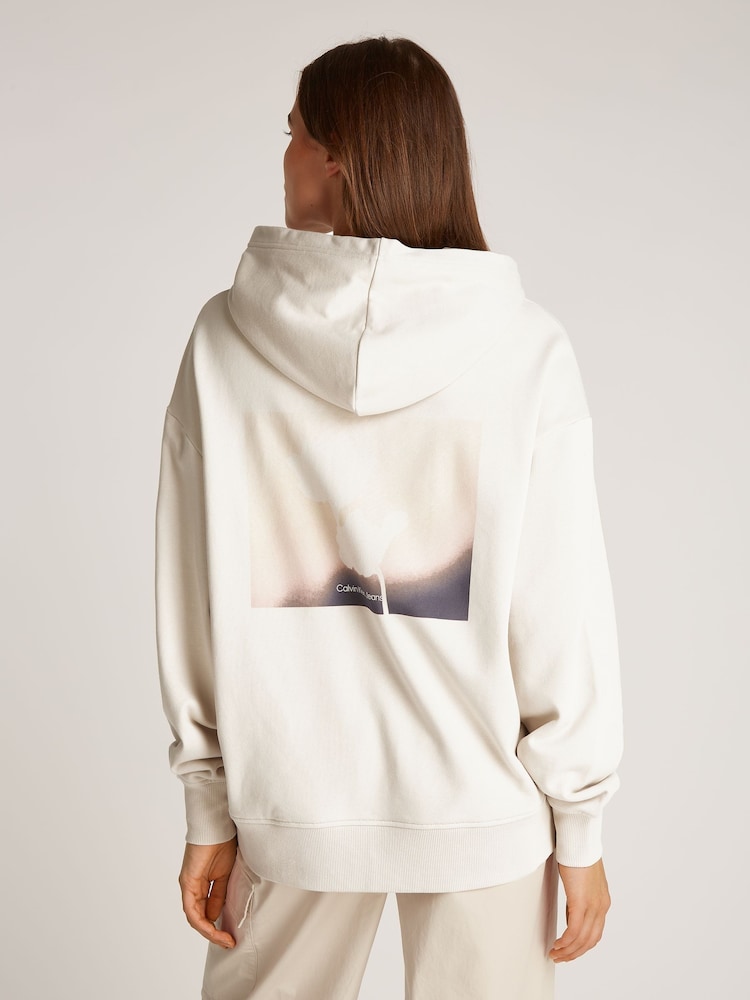 Calvin Klein Cream Oversized 100% Cotton Hoodie With Back Graphic - Image 2 of 7