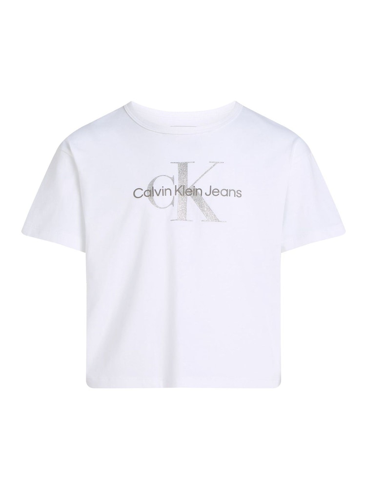 Calvin Klein White Monologo Glitter 100% Cotton T-Shirt - Image 4 of 5