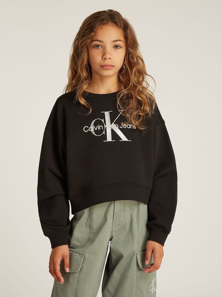 Calvin Klein Black 100% Cotton Glitter Monologo Sweatshirt - Image 1 of 5