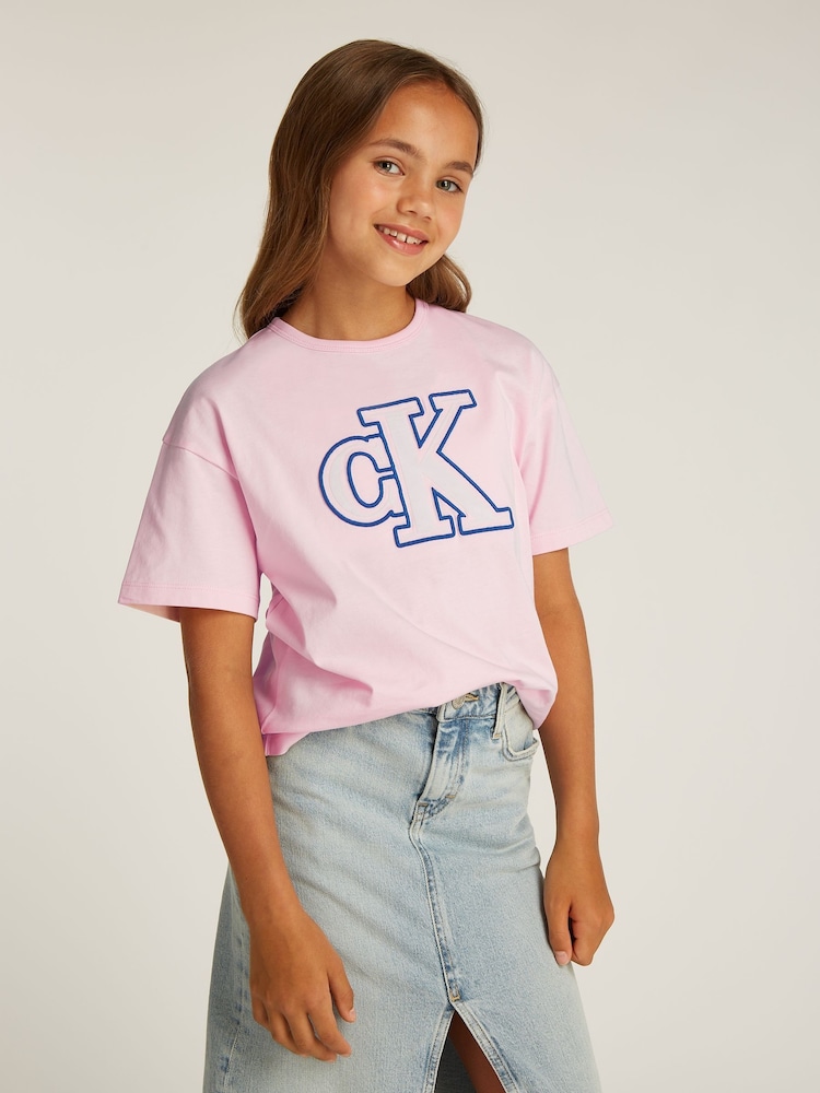 Calvin Klein Pink Monologo Glitter 100% Cotton T-Shirt - Image 1 of 5