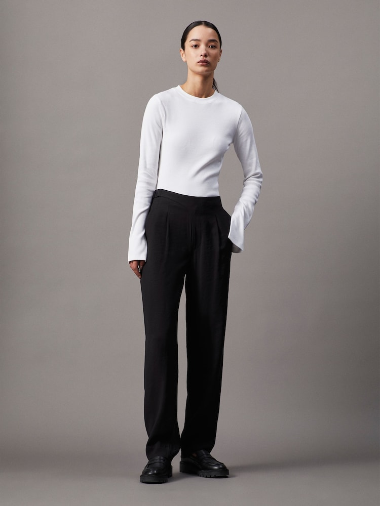 Calvin Klein White Skinny Ribbed Stretch Cotton Long Sleeve Top - Image 1 of 6