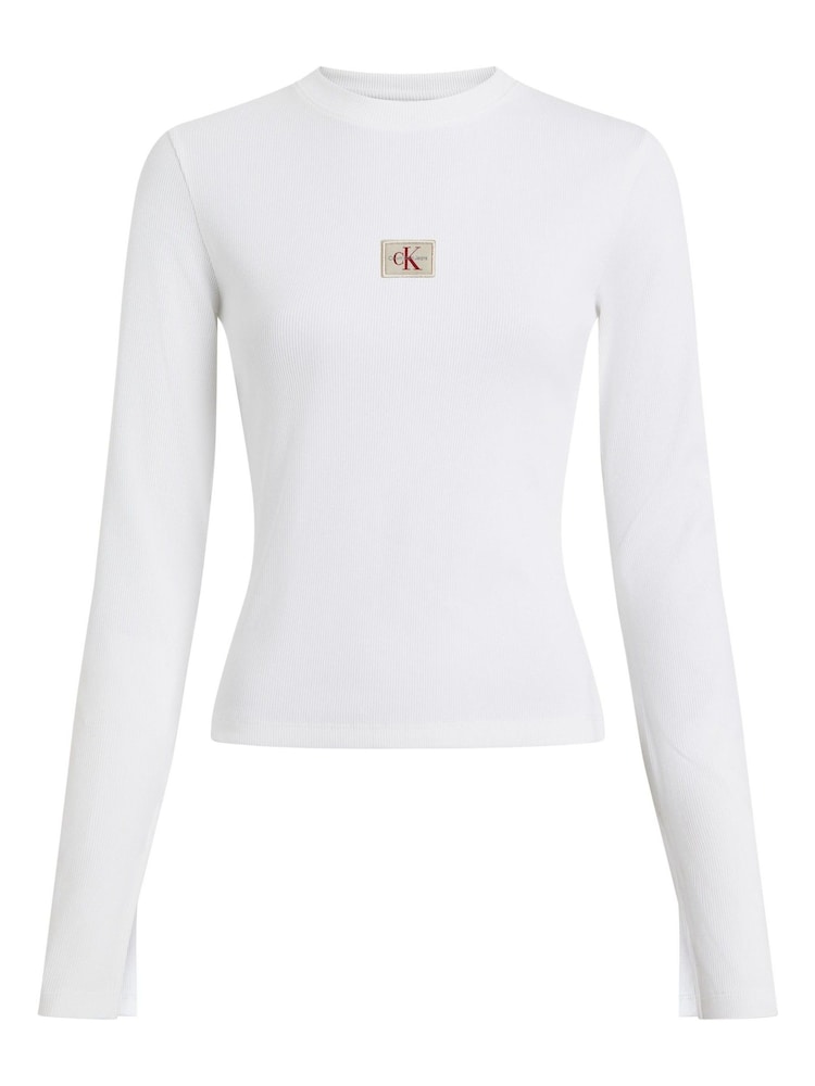 Calvin Klein White Skinny Ribbed Stretch Cotton Long Sleeve Top - Image 2 of 6