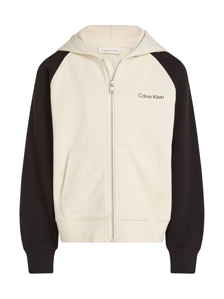 Calvin Klein Cream Relaxed 100% Cotton Colourblock Zip Hoodie - Image 4 of 5