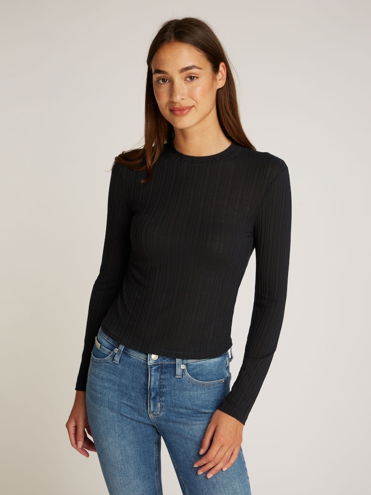 Calvin Klein Black Slim Semi Sheer Ribbed Long Sleeve Top - Image 1 of 6