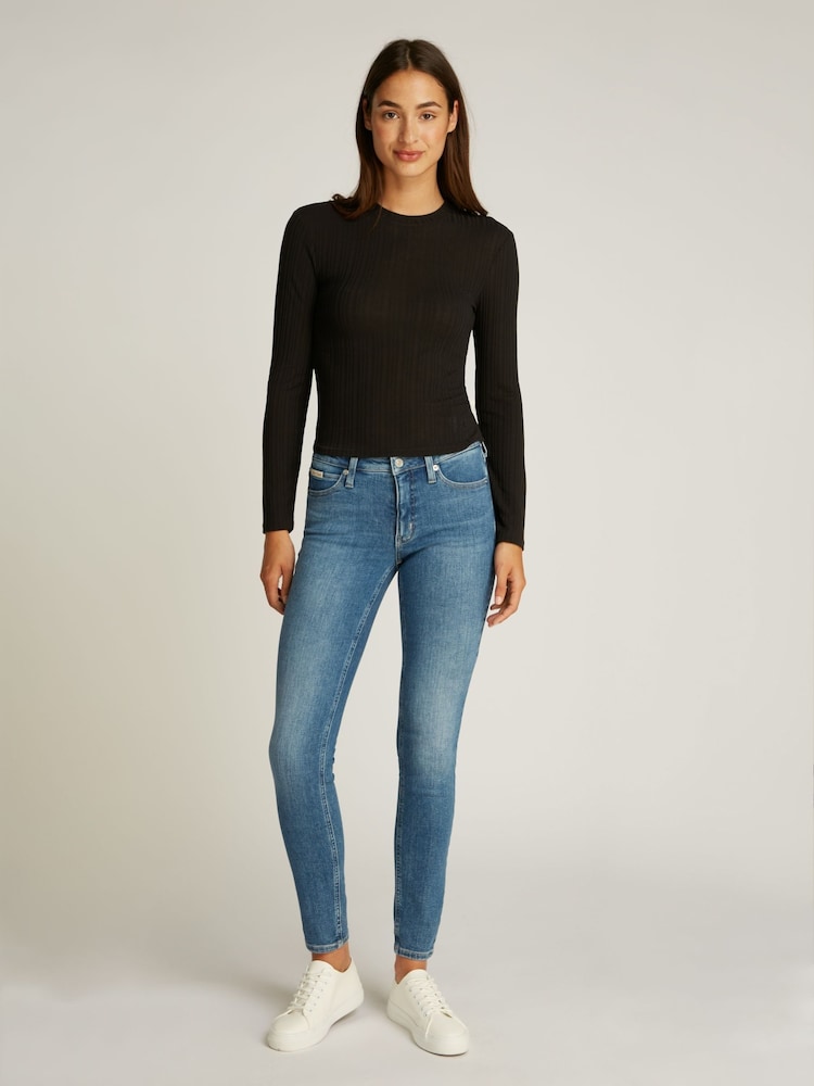 Calvin Klein Black Slim Semi Sheer Ribbed Long Sleeve Top - Image 2 of 6