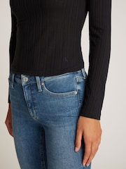 Calvin Klein Black Slim Semi Sheer Ribbed Long Sleeve Top - Image 3 of 6