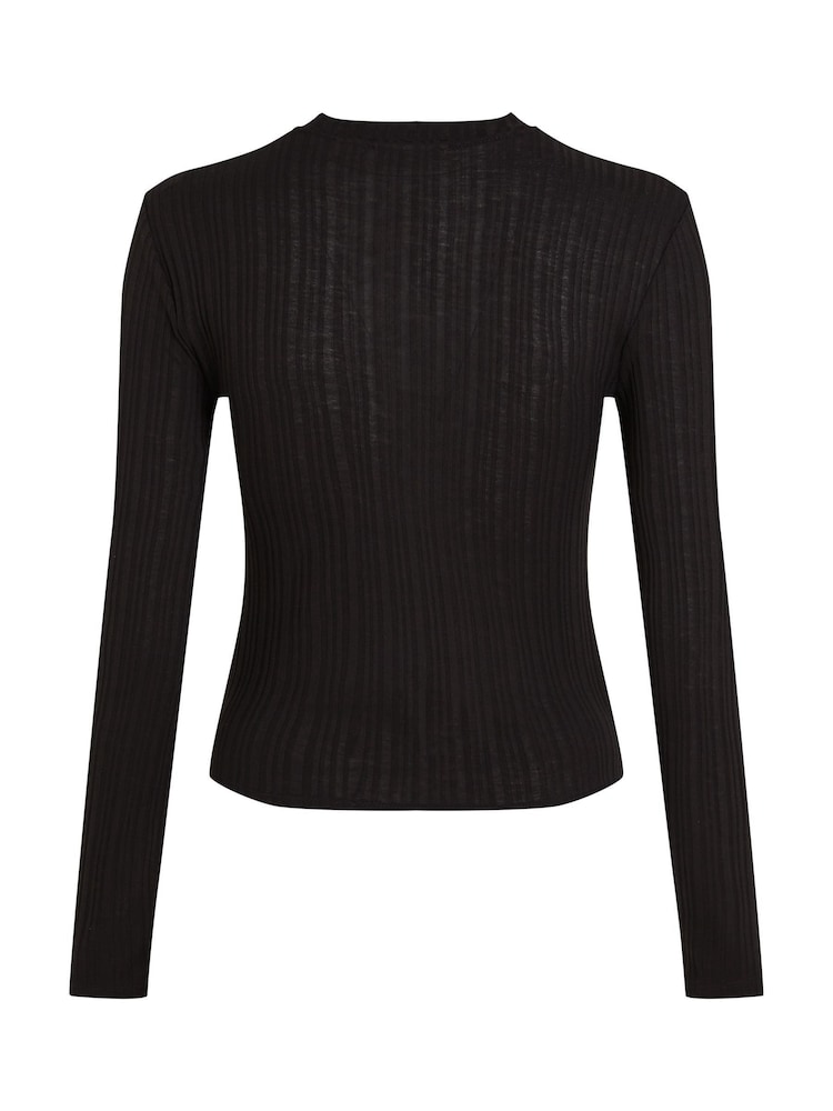 Calvin Klein Black Slim Semi Sheer Ribbed Long Sleeve Top - Image 6 of 6