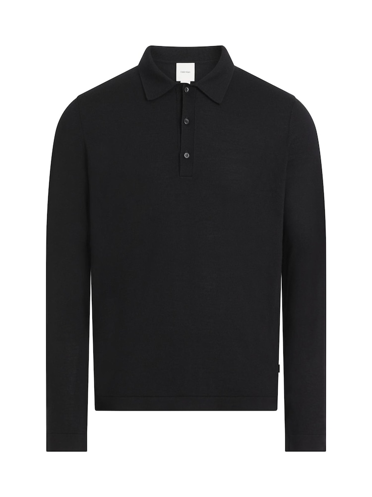 Calvin Klein Black Italian Merino Silk Long Sleeve Polo Shirt - Image 1 of 2