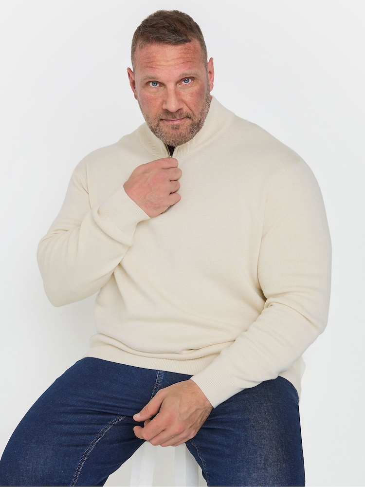 Cream - BadRhino Big & Tall Milano Quarter Zip 100% Cotton Jumper - Imaginea 2 din 6
