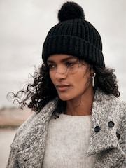 Mint Velvet Black Faux Fur Pom Pom Beanie Hat - Image 1 of 3