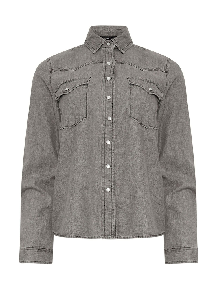 PixieGirl Petite Grey Washed Denim 100% Cotton Shirt - Image 5 of 5