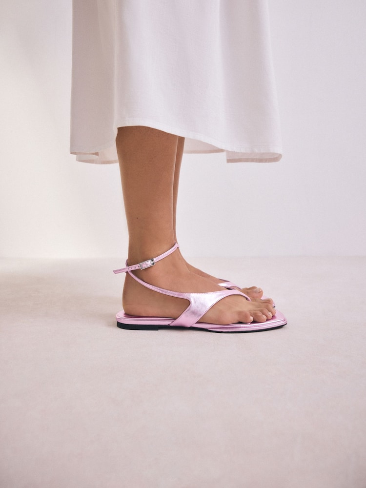 Pink Metallic Forever Comfort® Strappy Ankle Toe Thong Sandals - Image 1 of 10