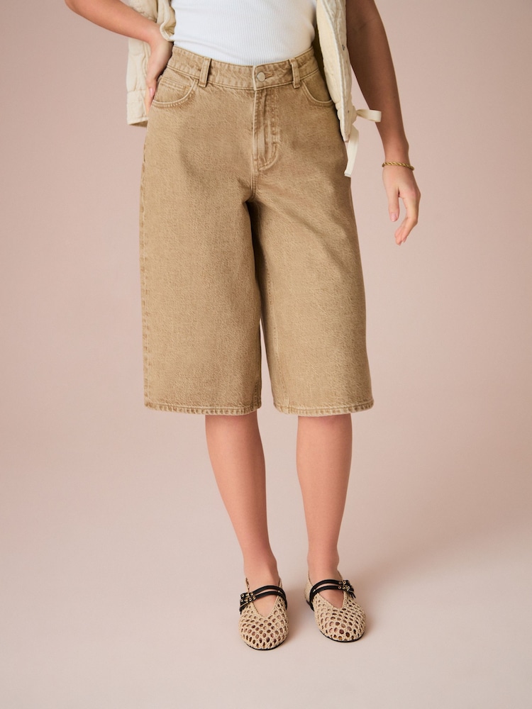 Beige Longline Jort Denim Shorts - Image 3 of 8