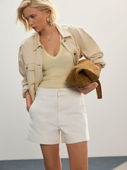 Ecru Distressed Denim 100% Cotton Shorts - Image 1 of 8