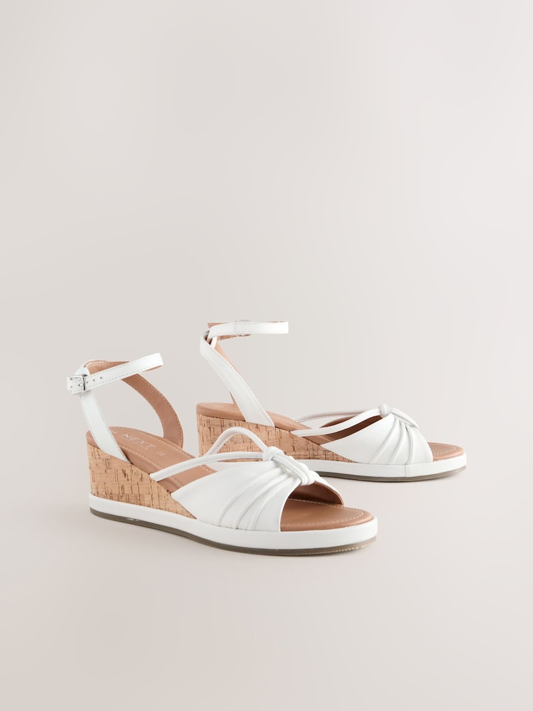 White Forever Comfort® Leather Round Toe Ruched Detail Cork Wedge Heels - Image 1 of 5