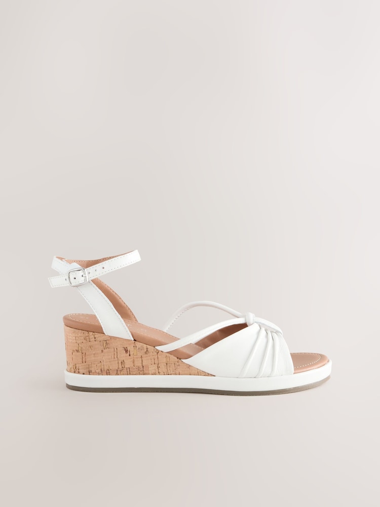 White Forever Comfort® Leather Round Toe Ruched Detail Cork Wedge Heels - Image 2 of 5