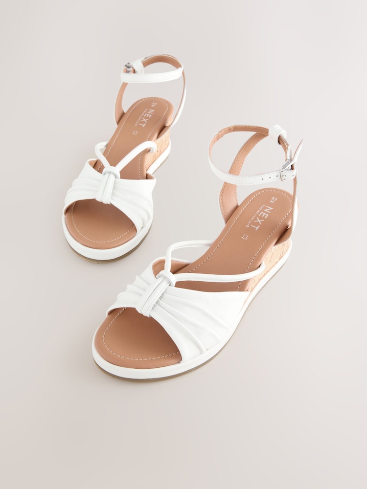 White Forever Comfort® Leather Round Toe Ruched Detail Cork Wedge Heels - Image 3 of 5
