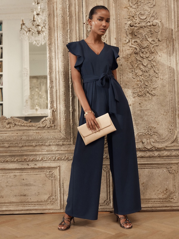Navy Blue Occasion Flutter Sleeve Tie Waist Jumpsuit - Image 1 of 8