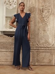 Navy Blue Occasion Flutter Sleeve Tie Waist Jumpsuit - Image 2 of 8