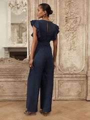 Navy Blue Occasion Flutter Sleeve Tie Waist Jumpsuit - Image 3 of 8