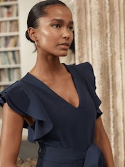 Navy Blue Occasion Flutter Sleeve Tie Waist Jumpsuit - Image 4 of 8
