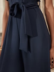 Navy Blue Occasion Flutter Sleeve Tie Waist Jumpsuit - Image 5 of 8