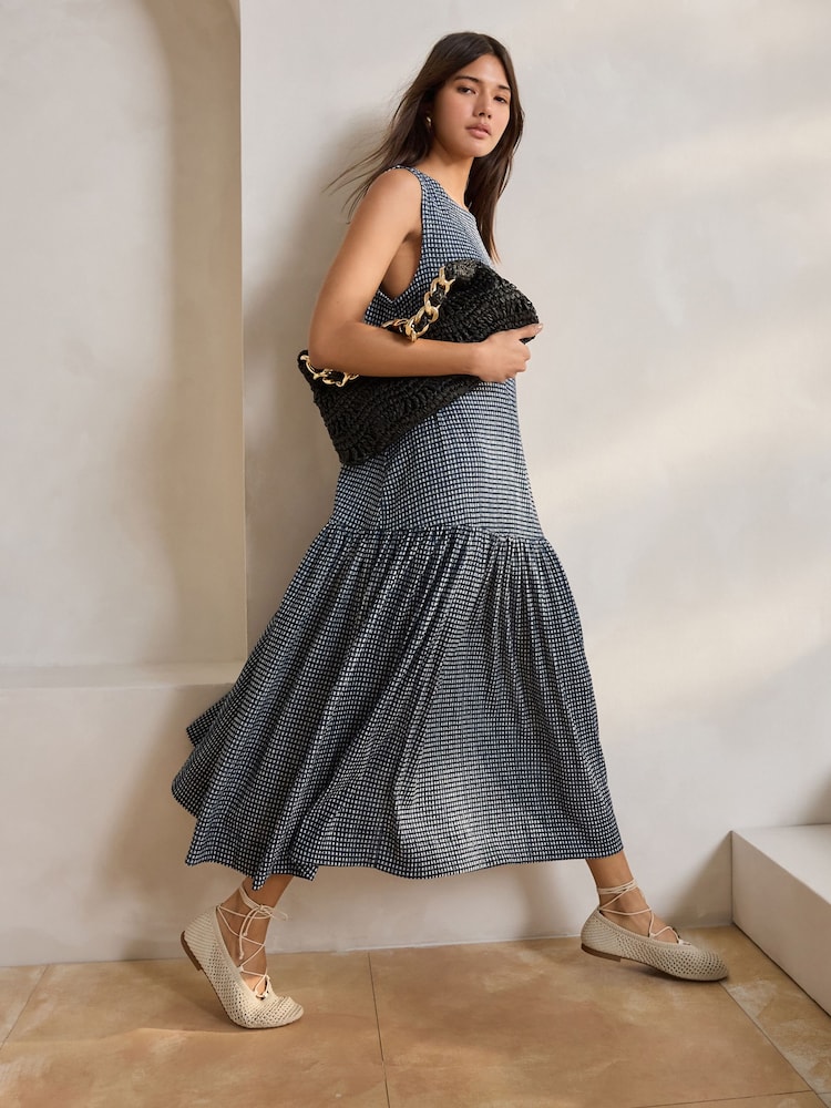 Blue & White Gingham Sleeveless Textured Jersey Dropwaist Maxi Dress - Image 1 of 9