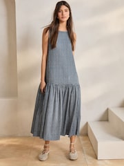 Blue & White Gingham Sleeveless Textured Jersey Dropwaist Maxi Dress - Image 3 of 9