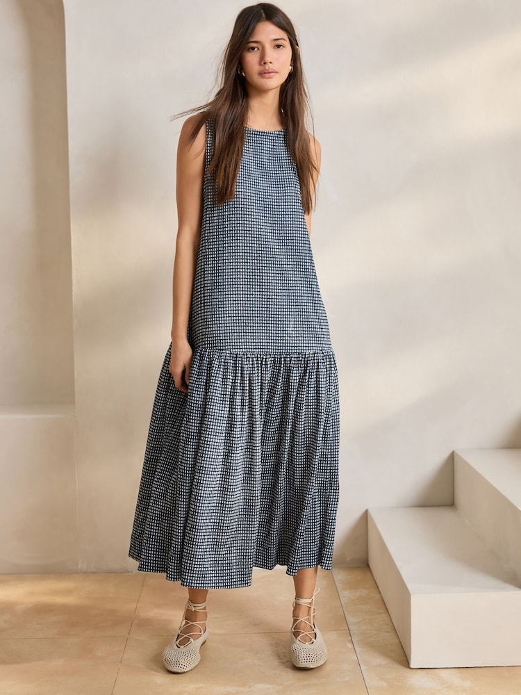 Blue & White Gingham Sleeveless Textured Jersey Dropwaist Maxi Dress - Image 3 of 6