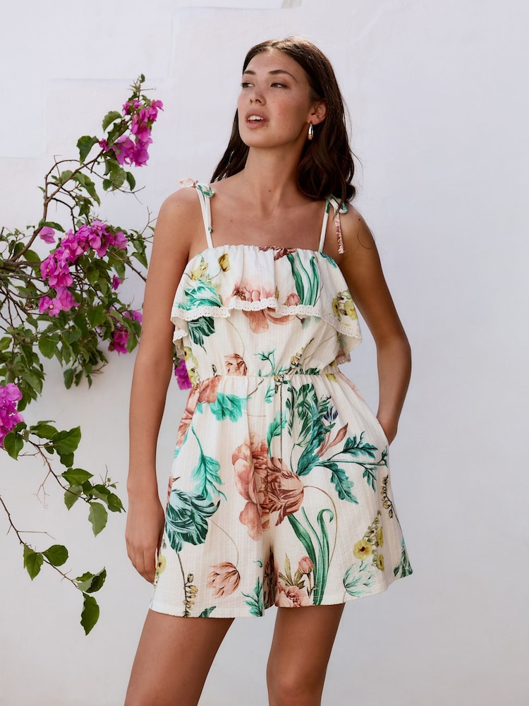White Ground Textured Jersey Frill Bandeau Playsuit - Image 2 of 8