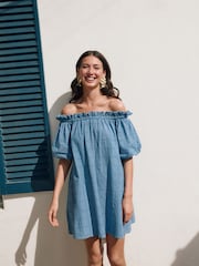 Blue Off Shoulder Broderie Mini Dress - Image 1 of 10