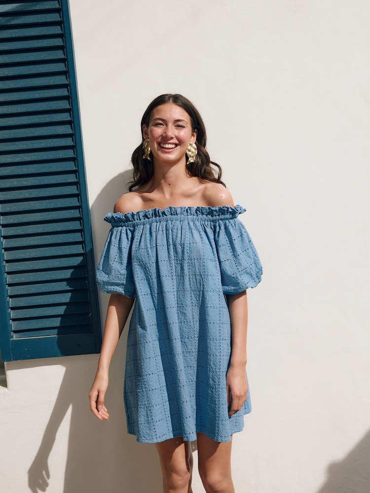 Blue Off Shoulder Broderie Mini Dress - Image 1 of 10