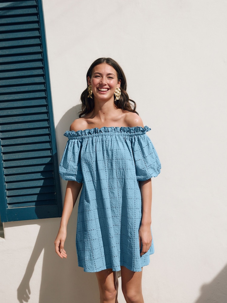 Blue Off Shoulder Broderie Mini Dress - Image 1 of 10 Blue Off Shoulder Broderie Mini Dress - Image 1 of 10