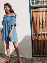Blue Off Shoulder Broderie Mini Dress - Image 3 of 10