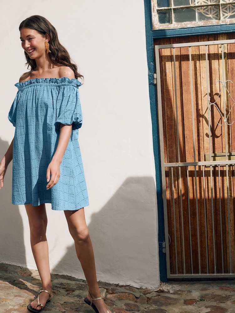 Blue Off Shoulder Broderie Mini Dress - Image 3 of 10