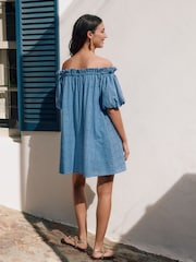 Blue Off Shoulder Broderie Mini Dress - Image 4 of 10