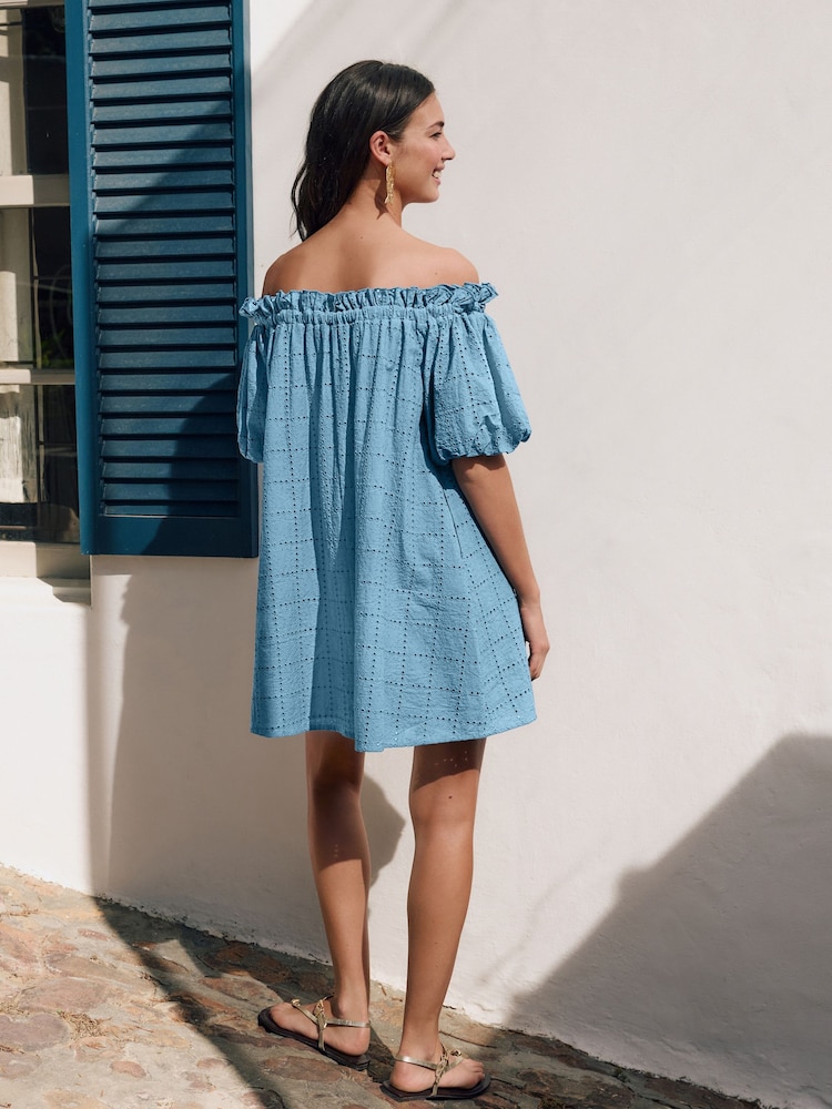 Blue Off Shoulder Broderie Mini Dress - Image 4 of 10