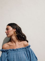 Blue Off Shoulder Broderie Mini Dress - Image 5 of 10