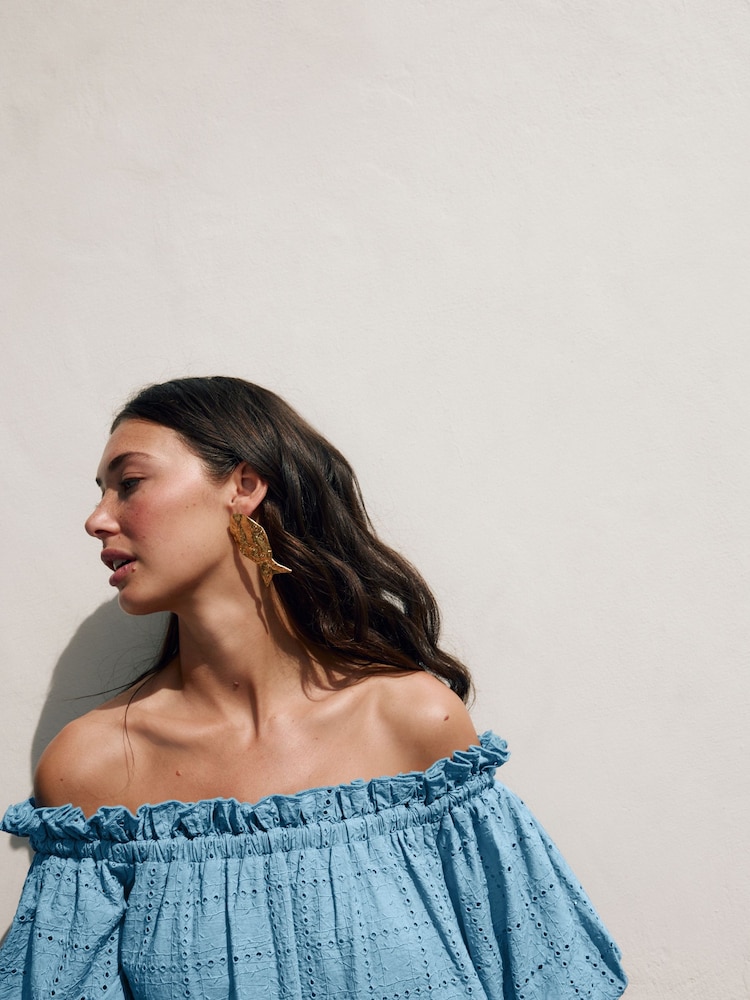 Blue Off Shoulder Broderie Mini Dress - Image 5 of 10