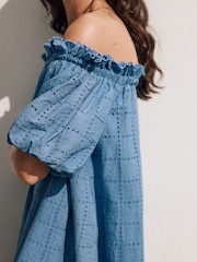 Blue Off Shoulder Broderie Mini Dress - Image 6 of 10