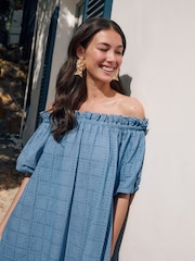 Blue Off Shoulder Broderie Mini Dress - Image 7 of 10