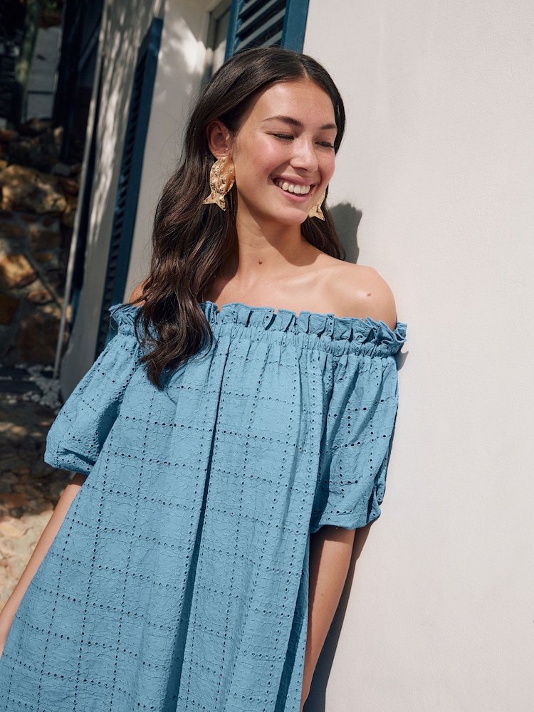 Blue Off Shoulder Broderie Mini Dress - Image 7 of 10