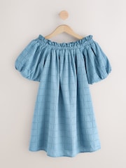 Blue Off Shoulder Broderie Mini Dress - Image 8 of 10