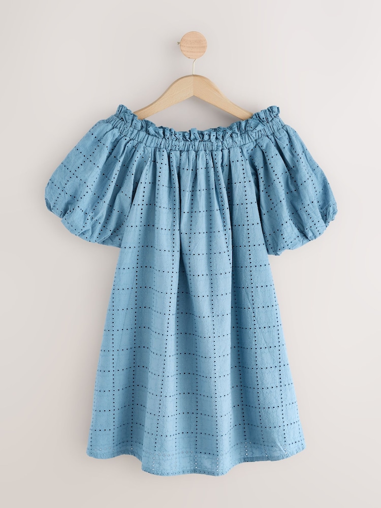 Blue Off Shoulder Broderie Mini Dress - Image 8 of 10