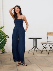 Navy Shirred Wide Leg 100% Cotton Jumpsuit - Image 1 of 9