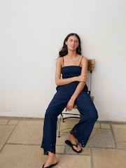 Navy Shirred Wide Leg 100% Cotton Jumpsuit - Image 2 of 9