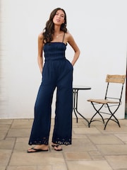 Navy Shirred Wide Leg 100% Cotton Jumpsuit - Image 3 of 9