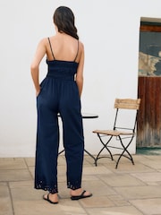 Navy Shirred Wide Leg 100% Cotton Jumpsuit - Image 4 of 9